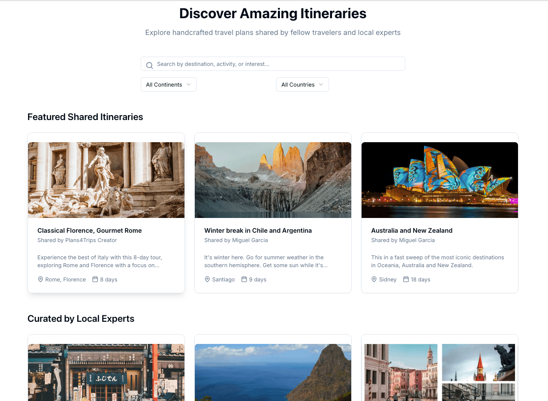 Discover Shared or Curated Itineraries Screenshot