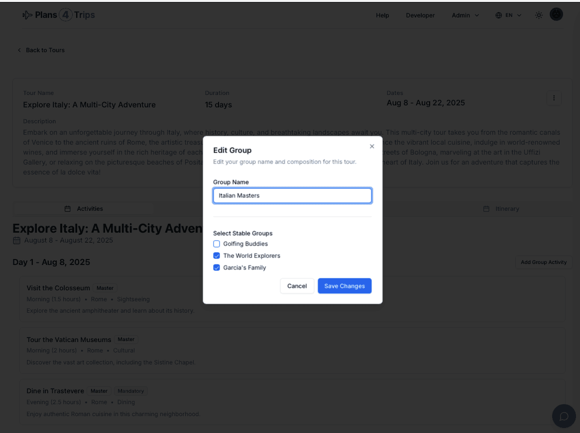 Dialog to form a Tour Group from Travel Circles
