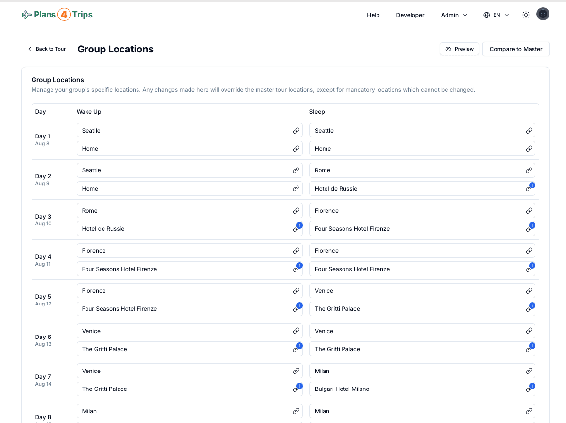 Locations Editor interface for managing group itinerary