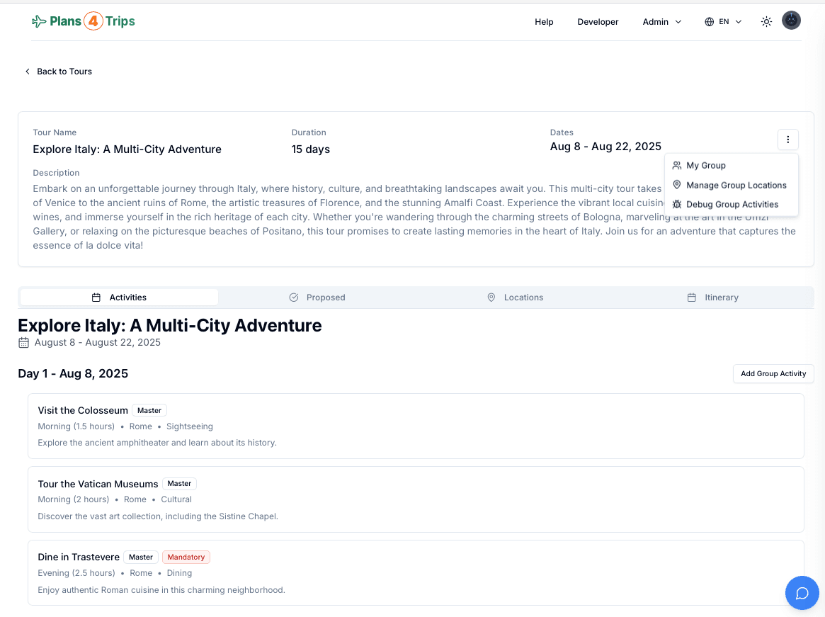 Tour menu showing My Group option