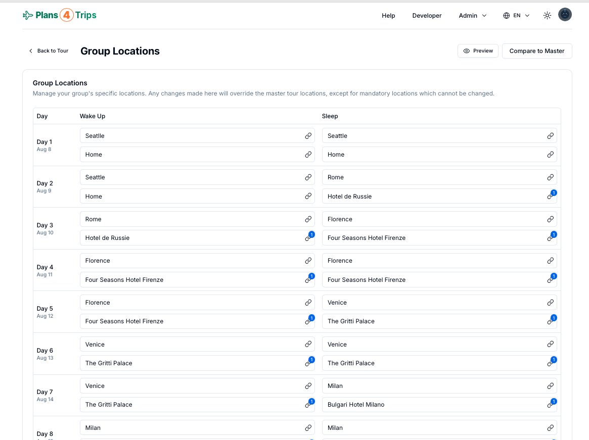 Locations Editor interface for managing group itinerary